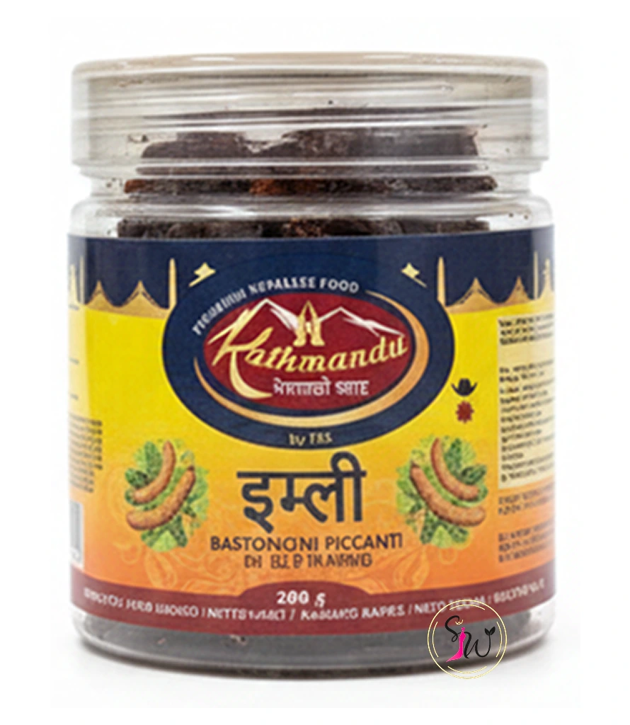 Kathmandu Tamarind Sticks (इमली) - 200 g 1 A 200g jar of Kathmandu brand Tamarind Sticks (Imli) featuring a yellow and blue label with whole tamarind illustrations.