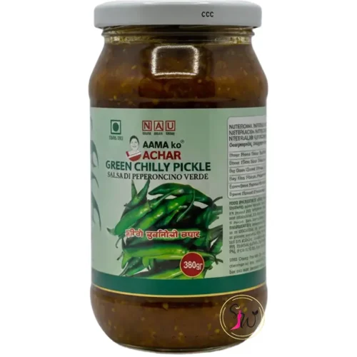 Aamako Aachar – Nepali Green Chili Pickle (हिरियो खुर्सानीको अचार) in jar with spices