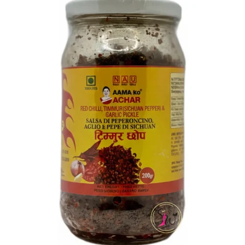 Jar of Red Chilli, Timmur (Sichuan Pepper) & Garlic Pickle (टिमुर छोप) with vibrant red and orange spices