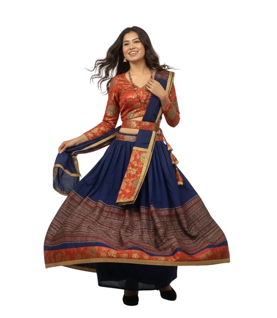 Navy Blue & Burnt Orange Ethnic Lehenga Choli 1 Navy Blue Lehenga Choli for wedding wear