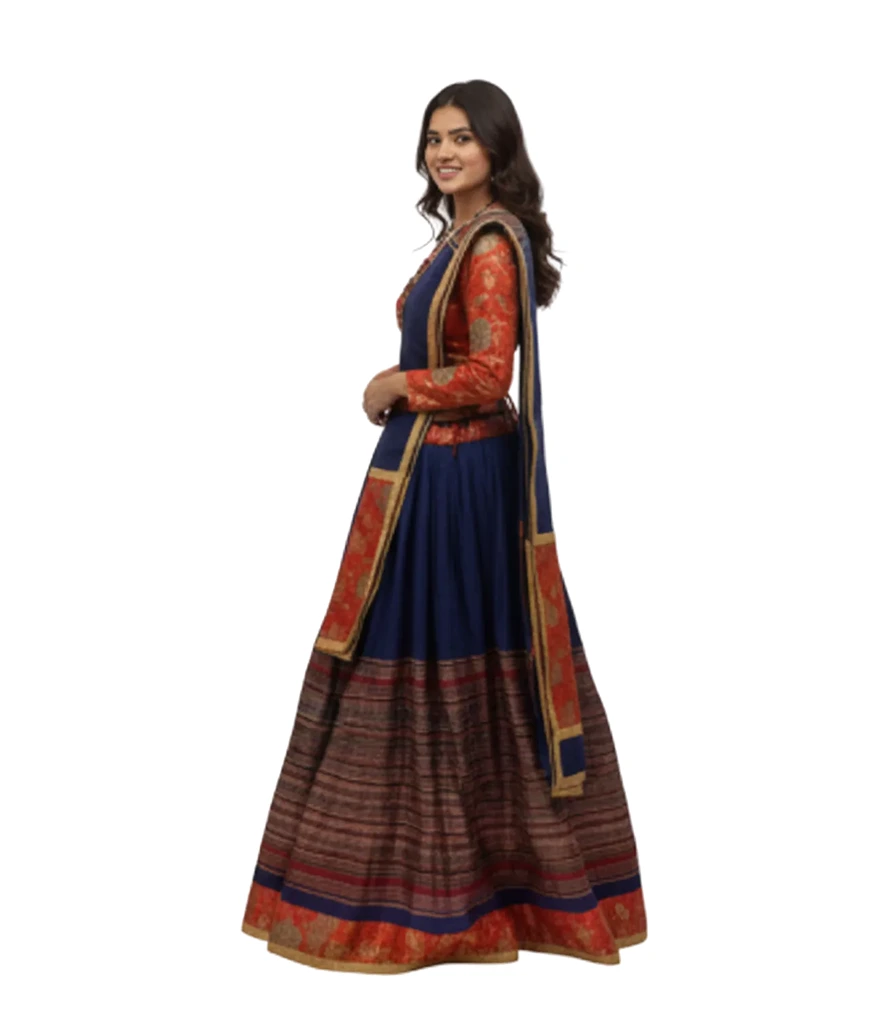 Navy Blue & Burnt Orange Ethnic Lehenga Choli 3 Navy blue flared lehenga with traditional ethnic border