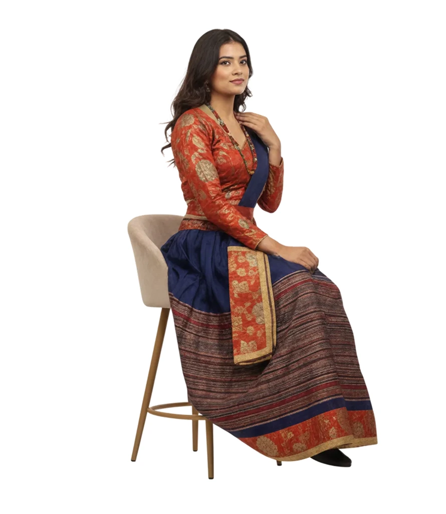 Navy Blue & Burnt Orange Ethnic Lehenga Choli 2 Brocade silk burnt orange blouse with gold woven design