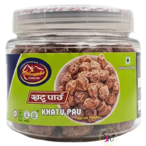 A high-quality studio shot of Kathmandu Khatu Pau (खट्टु पाउ) jar containing spicy dried plums on a pure white background.