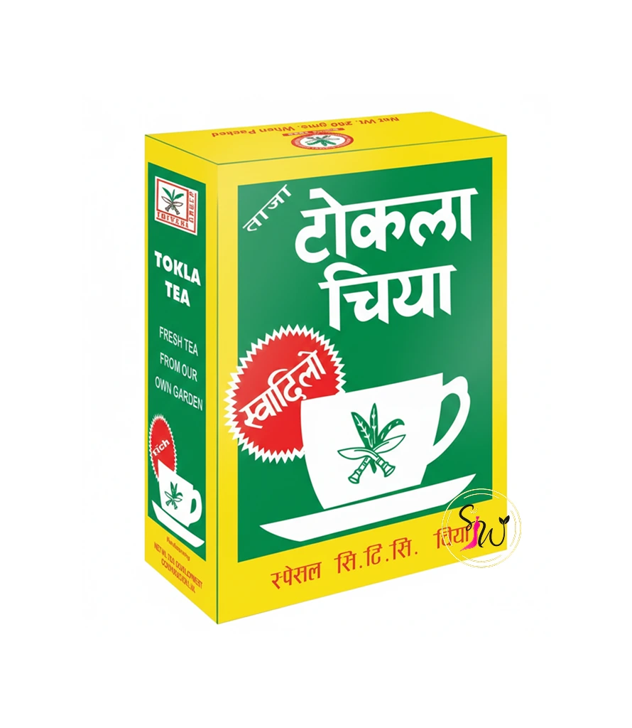 Tokla Tea (टोक्ला चिया) - 200g / 500g 1 200g box of Tokla Black CTC Tea featuring yellow and green packaging with a white teacup illustration.