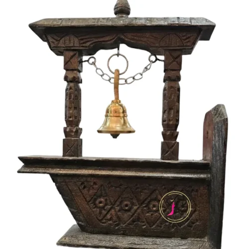 Handcrafted antique wooden bell shrine (Ghanta) with brass bell for home décor and meditation