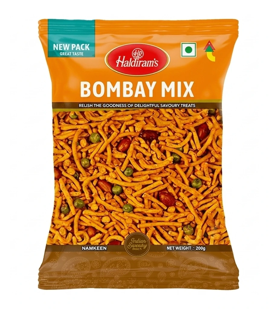 Haldiram’s Bombay Mix - 200g 1 Haldiram’s Bombay Mix crispy Indian snack mix with peanuts, gram flour noodles and spices