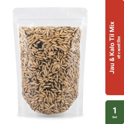 Jau and Kalo Til puja mix barley and black sesame seeds for Hindu havan rituals