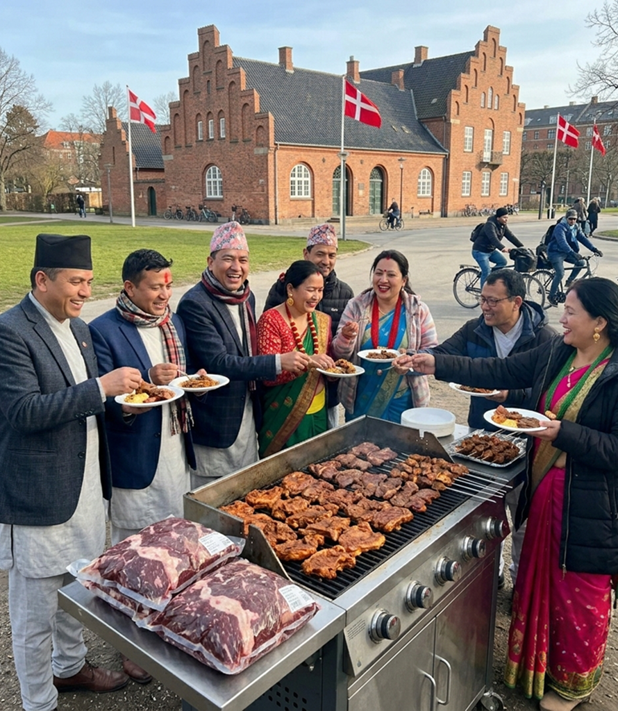 Frozen Raw Buff Meat (राँगाको मासु) 2 People enjoying delicious buff meat (राँगाको मासु) at a meal together