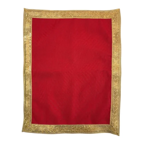 Red velvet puja mat with decorative gold lace border for mandir prayer and meditation