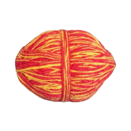 A high-quality image of a traditional Raksha Sutra (Doro Dhago) ball with vibrant red and yellow variegated threads on a clean white background.