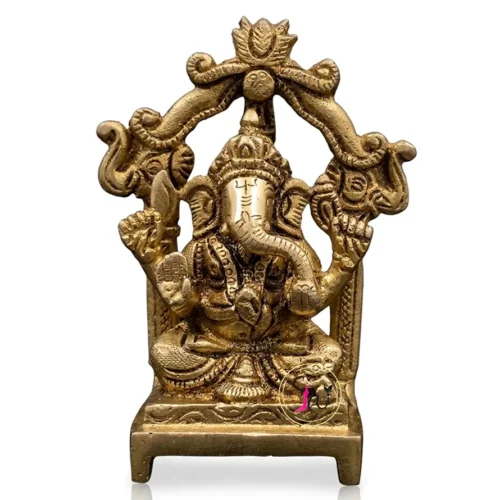 Antique brass Ganesha idol with Prabhavali arch and golden finish for home altar decor