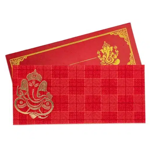 Premium Ganesha Shagun & Dakshina Kham envelopes in red with gold Ganesha and Swastika motifs