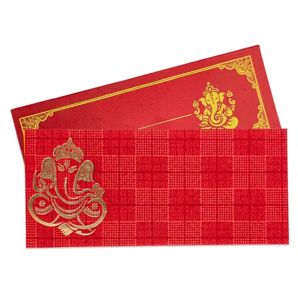 Ganesha Shagun & Dakshina Kham (दक्षणा खाम) – Red & Gold 1 Premium Ganesha Shagun & Dakshina Kham envelopes in red with gold Ganesha and Swastika motifs