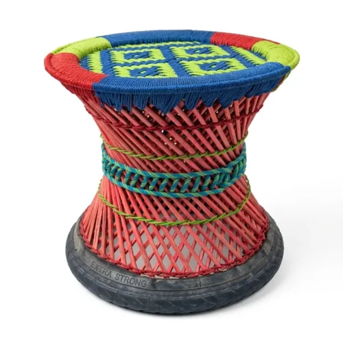 Traditional Muda bamboo stool with hand-woven design and colorful rope patterns