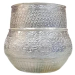 Pathi (पाथी) silver-coated metal measuring vessel with embossed motifs