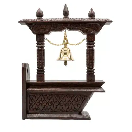 Traditional wooden jharokha wall bracket with brass bell for entryway and pooja room decor