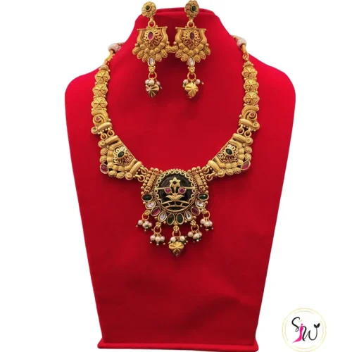 Gold-Plated Nepali Temple Jewelry Set with Black Enamel, Multi-Colored Stones, and Pearl Droplets
