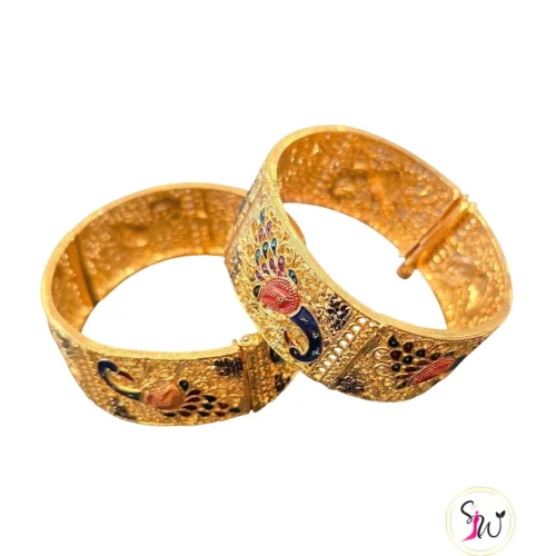 Gold-plated peacock meenakari kada bangles set of two for traditional and wedding wear