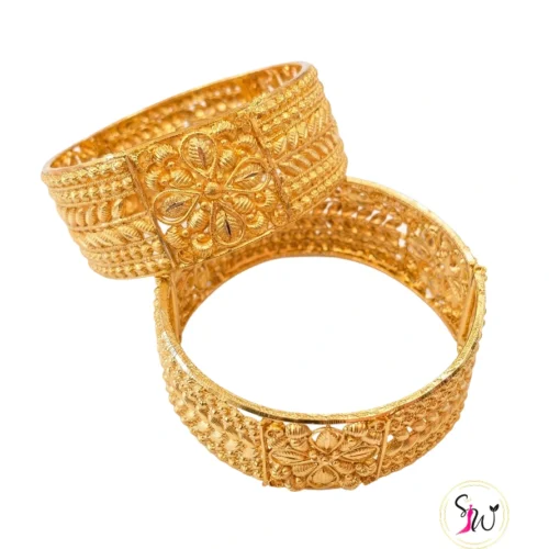 Gold-plated floral filigree kade bala bangles set of two for traditional and wedding wear