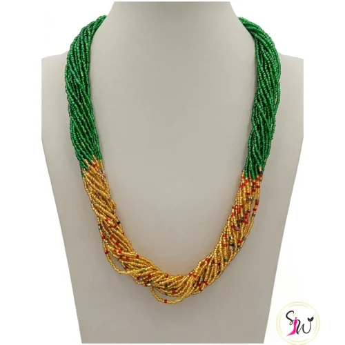 Green and gold Nepali pote necklace with twisted glass bead design for traditional wear