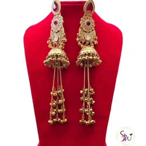 Kashmiri heritage ruby bell jhumka earrings with dome design and long Dejhoor-style tassels