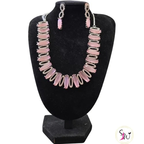 Pink marquise stone halo necklace set with matching earrings for festive and wedding wear
