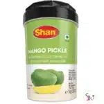 Shan Mango Pickle 2 Shan Mango Pickle jar showing spicy mango pieces in oil