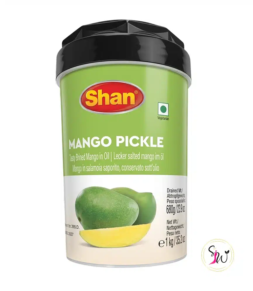 Shan Mango Pickle 1 Shan Mango Pickle jar showing spicy mango pieces in oil
