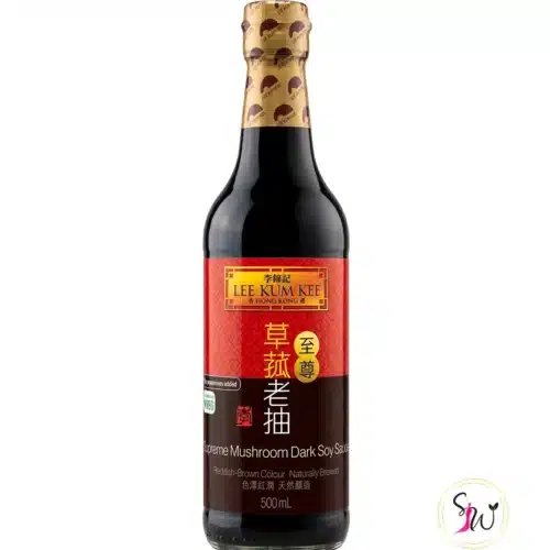 Lee Kum Kee Supreme Mushroom Dark Soy Sauce flaske med kinesisk etiket