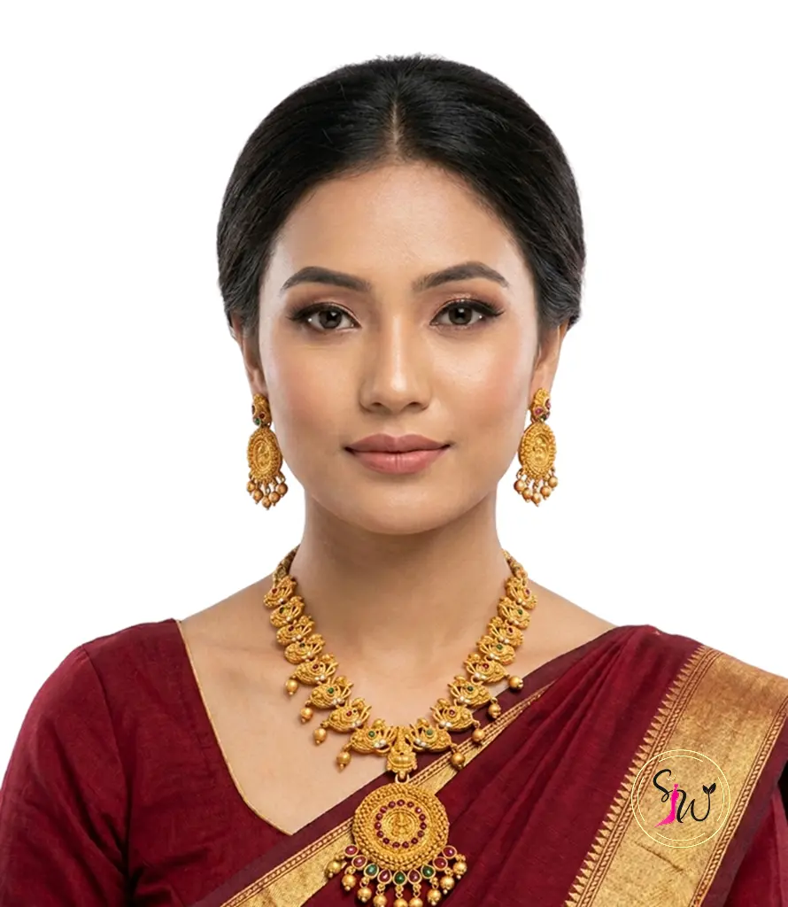 Antique Gold-Plated Lakshmi Temple Necklace Set with Jhumka Earrings 2 Matching Antique Gold-Plated Lakshmi Jhumka Earrings with Ruby & Emerald Stones