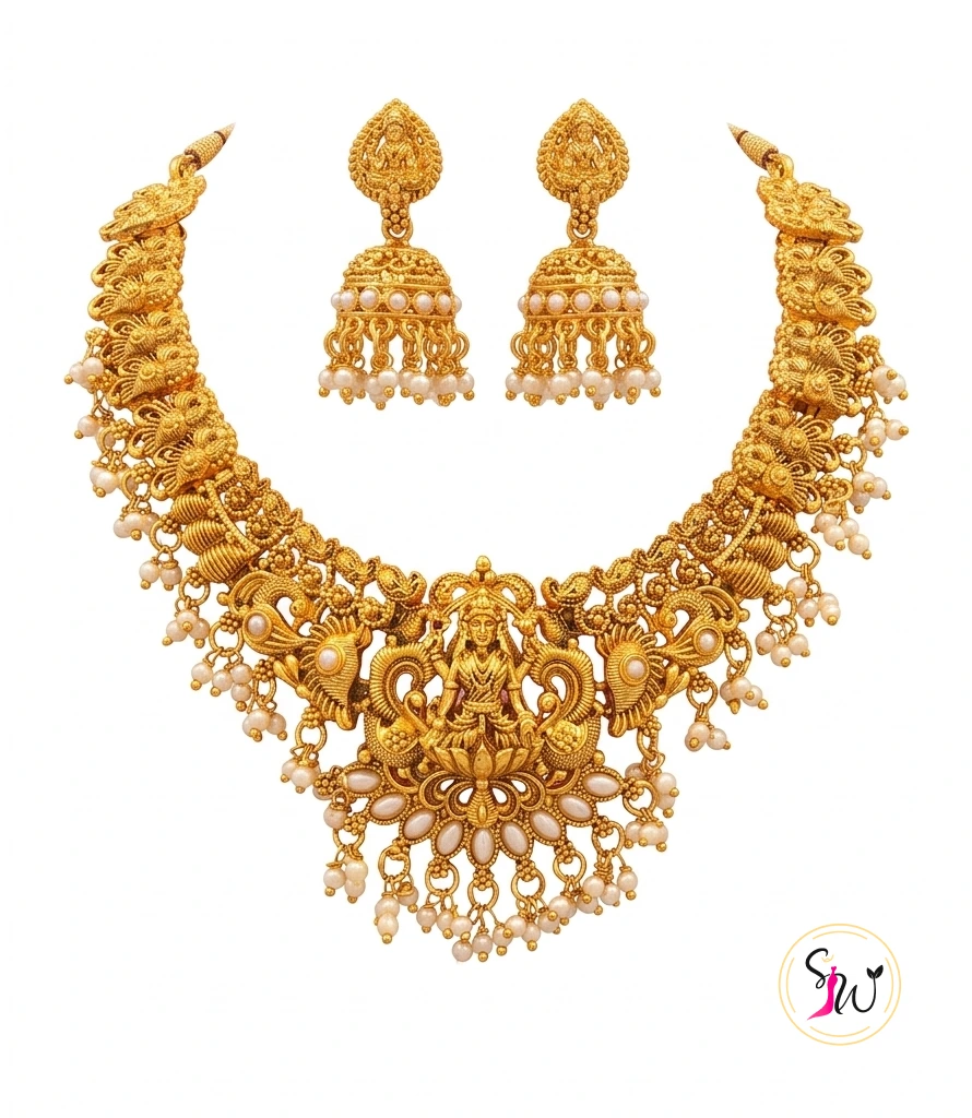 Antique Gold-Plated Lakshmi Temple Jewellery Set – Necklace & Jhumka Earrings 2 Antique Gold-Plated Lakshmi Temple Necklace with Pearl Drops