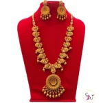 Antique Gold-Plated Lakshmi Temple Necklace Set with Jhumka Earrings 3 Antique Gold-Plated Lakshmi Temple Necklace with Ruby & Emerald Stones