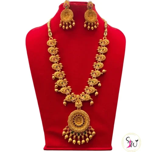 Antique Gold-Plated Lakshmi Temple Necklace with Ruby & Emerald Stones