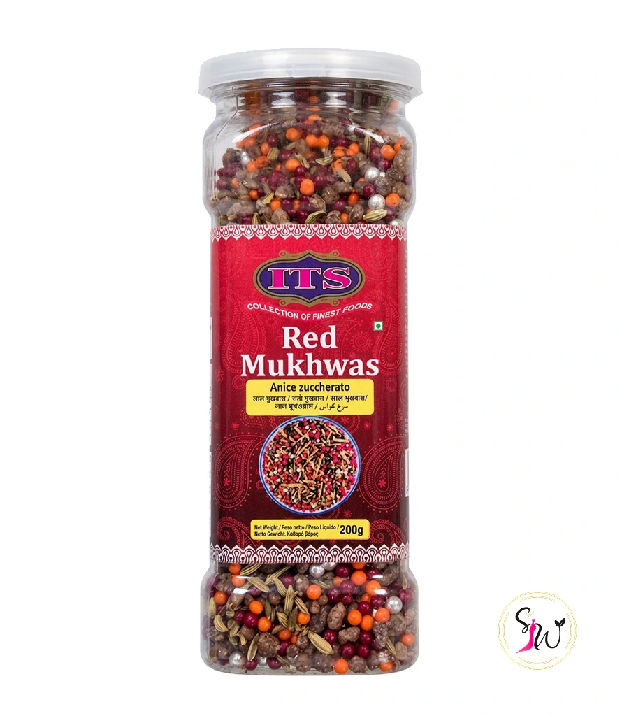 Red Mukhwas (Anice Zuccherato) – Sweet Mouth Freshener 1 Red Mukhwas sweet Indian mouth freshener packaging