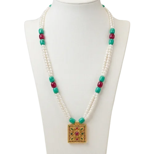 Traditional Nepali Jantar necklace with gold-tone square pendant and pearl beads