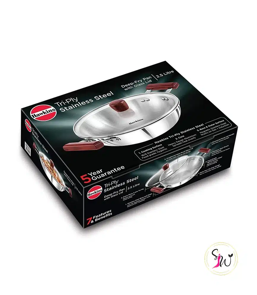 Hawkins Tri Ply Stainless Steel Karai – Heavy & Thick (2.5 L, 26 cm) 1 Hawkins Tri Ply Stainless Steel Karai with Glass Lid 2.5 Litre