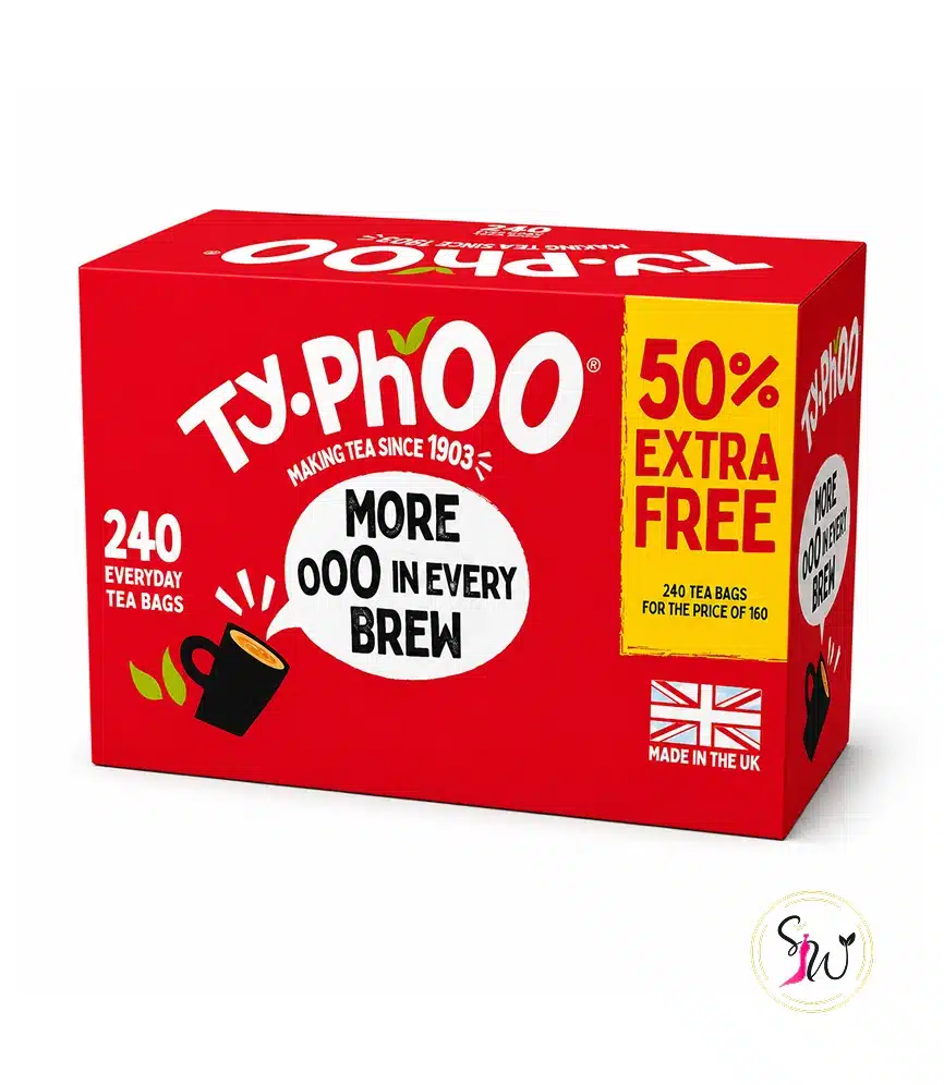 Typhoo Everyday Tea Bags – 240 Tea Bags 1 Typhoo Everyday Tea Bags promotional box containing 240 black tea bags