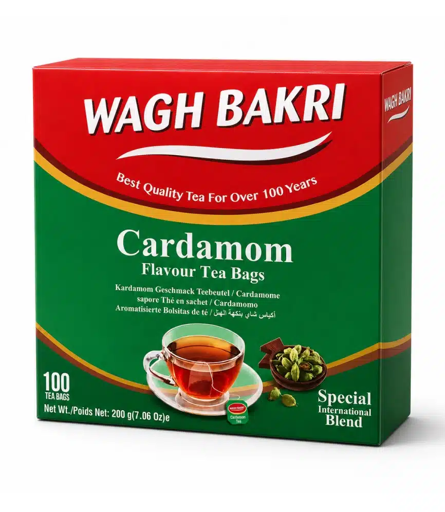 Wagh Bakri Cardamom Flavour Tea Bags – 100 Bags, 200 g 1 Wagh Bakri Cardamom Flavour Tea Bags 100 bags 3D box